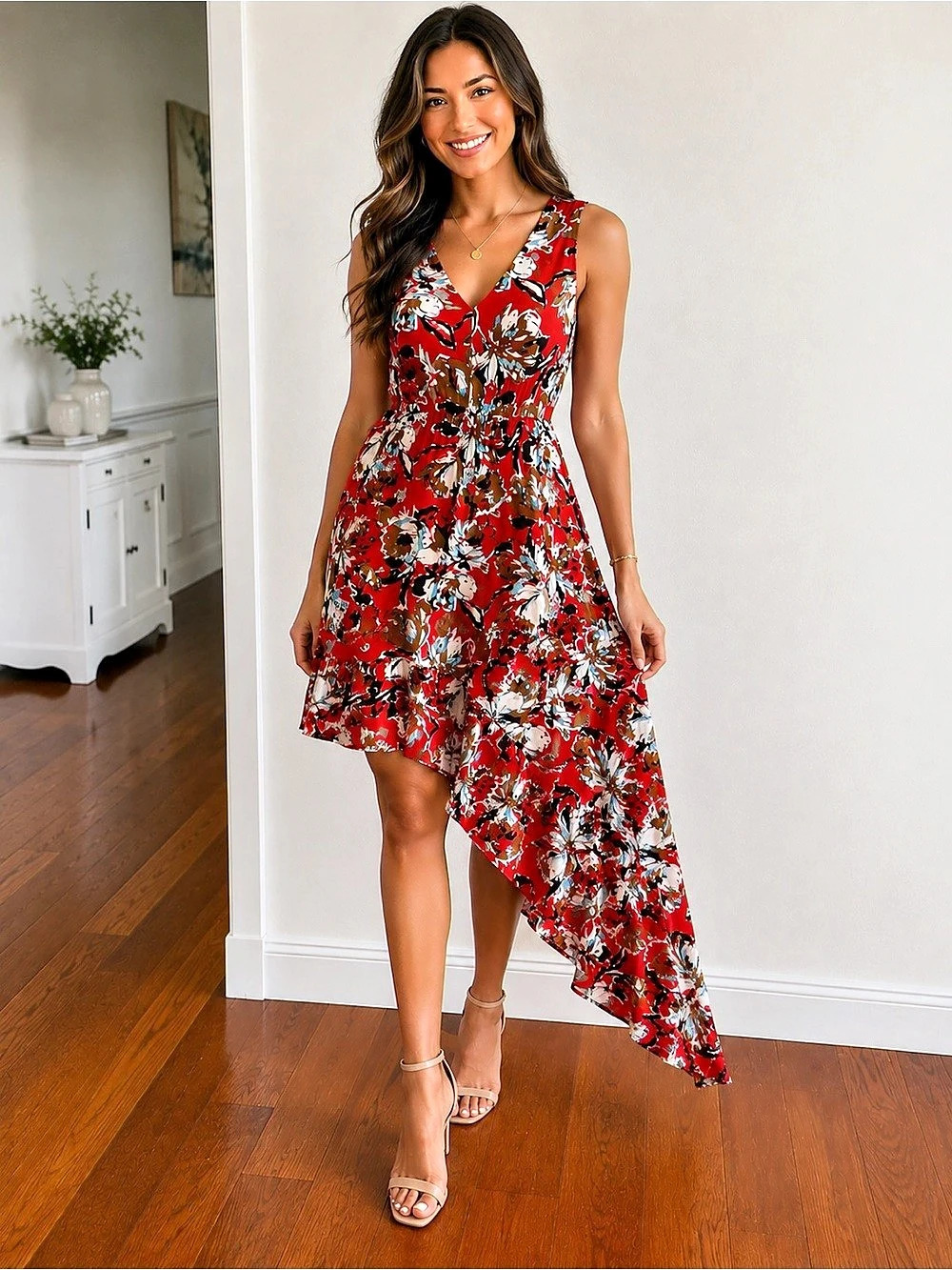 Sam Edelman Red Floral Asymmetrical Dress – Size 4 – NWT